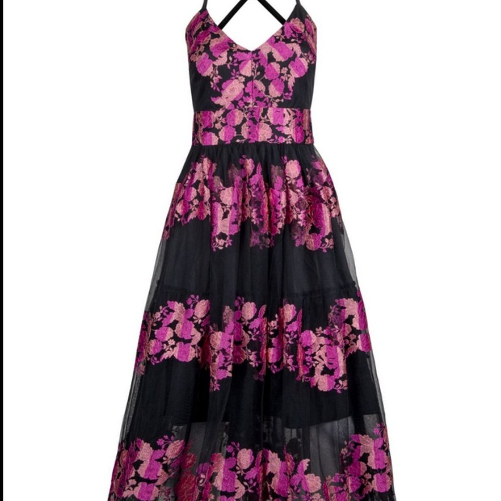 Christian Siriano NWT Pink Floral Midi Fit + Flare V-neck Cocktail Dress Size 0